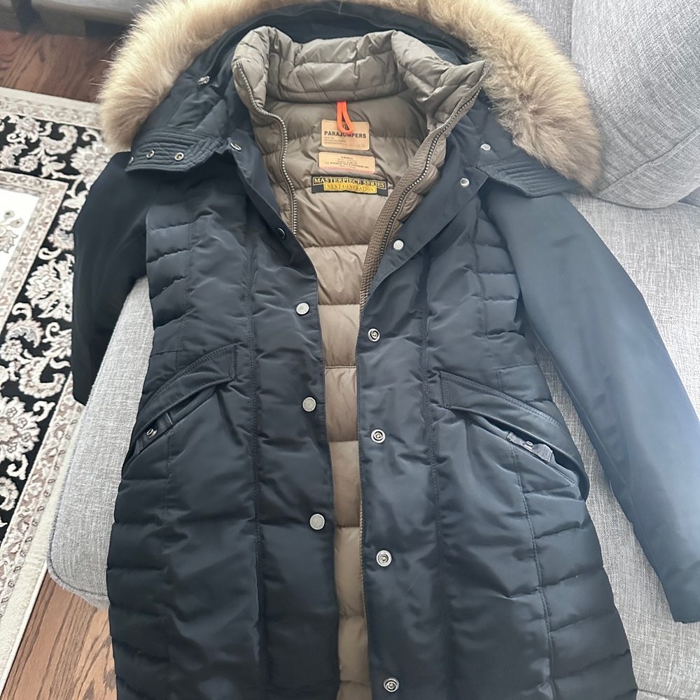 Parajumpers Black Puffer Parka with Tan Lining and Fur-Trim Hood